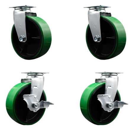 SERVICE CASTER 6 Inch Green Poly on Cast Iron Swivel Caster Set with Ball Bearings 2 Brakes SCC-20S620-PUB-GB-2-TLB-2